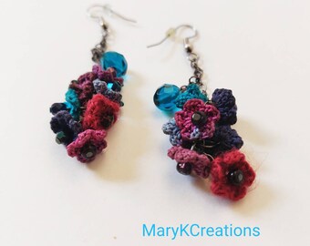 crochet long dangle flower earrings/long lace earrings/flower cluster microcrochet earrings/handmade in US/shade of purple/gift for her