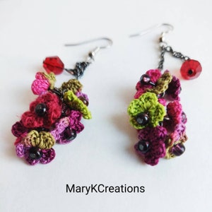 crochet long dangle flower earrings/long lace earrings/flower cluster microcrochet earrings/handmade in US/shade of blue/gift for her image 5