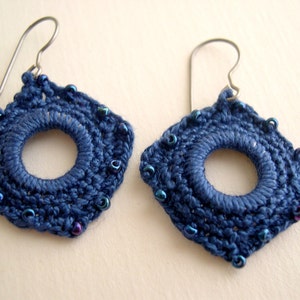 Blue square crochet earrings Lacy fashion trends Girlfriend birthday gift something blue earrings Bridesmaid earrings boho chic image 2