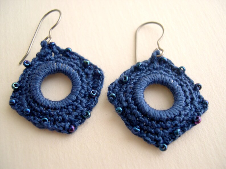 Blue square crochet earrings Lacy fashion trends Girlfriend birthday gift something blue earrings Bridesmaid earrings boho chic image 2