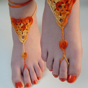 Crochet Barefoot Sandals, Orange barefoot sandals, foot jewelry, beach wedding, Bridesmaid gift, Beach anklet, summer shoes, wedding shoes image 1