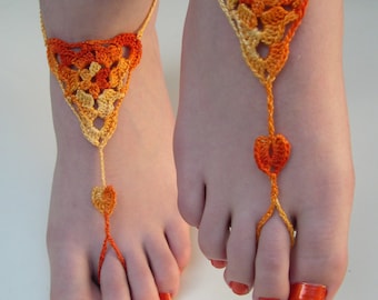 Crochet Barefoot Sandals, Orange barefoot sandals, foot jewelry, beach wedding, Bridesmaid gift, Beach anklet, summer shoes, wedding shoes