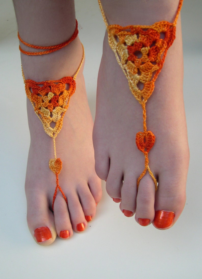 Crochet Barefoot Sandals, Orange barefoot sandals, foot jewelry, beach wedding, Bridesmaid gift, Beach anklet, summer shoes, wedding shoes image 1