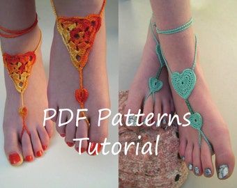 Barefoot sandals crochet patterns - 2 pdf crochet patterns - bridesmaid foot jewelry pattern - heart barefoot sandals pattern - triangle PDF