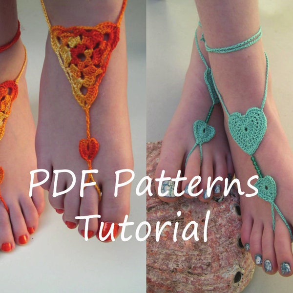 Barefoot sandals crochet patterns - 2 pdf crochet patterns - bridesmaid foot jewelry pattern - heart barefoot sandals pattern - triangle PDF