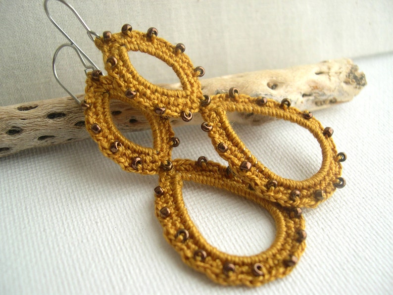 Mustard lace earrings Boho Earrings Long dangle earrings Mustard Long Earrings Boho Chic bridesmaid gift crochet earrings image 1