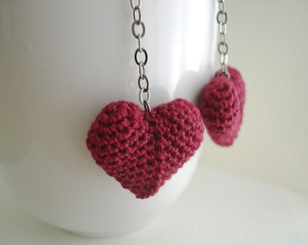 Red Heart Long Dangle Earrings - Heart Earrings - red earrings - girlfriend gift idea - Lace earrings - mother's day gift - Burgundy red