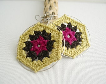 Granny Hexagon Crochet Earrings - Old Gold Dark Brown Fuchsia earrings - Retro Fashion colorful earrings - Girlfriend present - Boho chic