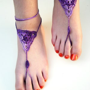 Crochet Barefoot Sandals, Purple Barefoot sandles, foot jewelry, Beach Wedding, Bridesmaid gift, Beach Anklet, summer shoes, wedding shoes image 1