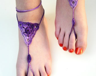 Crochet Barefoot Sandals, Purple Barefoot sandles, foot jewelry, Beach Wedding, Bridesmaid gift, Beach Anklet, summer shoes, wedding shoes