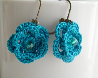 Crochet earrings - Teal Bridesmaid Earrings - Wedding earrings - Lace earrings - Teal Lace earringss - Made in America - Girlfriend gift