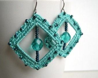 Mint Blue crochet earrings - Bridesmaid earrings - Mint lace earrings - Crochet earrings - Beaded earrings - Girlfriend - mother's day gift