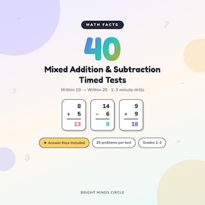 Puede incluir: Un recurso educativo digital titulado Math Facts 40 Mixed Addition & Subtraction Timed Tests. Incluye tres ejemplos de problemas matemáticos, 25 problemas por prueba, hojas de respuestas y es para grados 1-2 con ejercicios de 1-3 min.