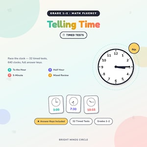 May include: A Grade 1-2 maths fluency educational resource titled Telling Time. It features a clock graphic, 32 timed tests, 640 clocks, and answer keys. Sections include To the Hour, 5-Minute, Half Hour, and Mixed Review, with a Bright Minds Circle logo.