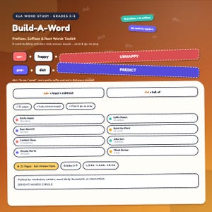 Könnte beinhalten: Ein ELA Word Study Build-A-Word Toolkit für die Klassen 3-5 mit Präfixen, Suffixen und Wortstämmen. Das Lehrmaterial umfasst 31 Seiten mit Aktivitäten, Lösungsschlüsseln und Wortbildungsübungen wie Präfix-Zuordnung, Wortstamm-Identifikation und Kontext-Hinweisen.