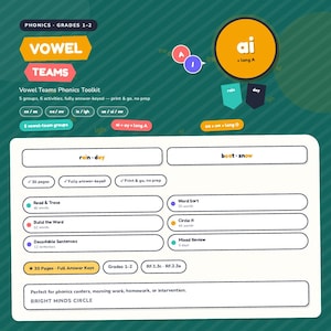 May include: A Vowel Teams Phonics Toolkit educational resource for grades 1-2, featuring a green background with orange and pink labels. It includes 30 pages of activities like Read & Trace, Build the Word, Word Sort, and Circle It, with answer keys.