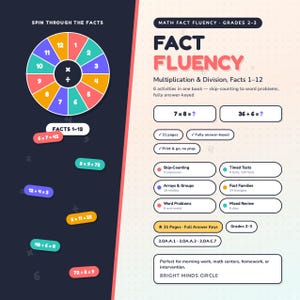 Peut inclure: Un livre de mathématiques sur la maîtrise des faits pour les niveaux 2-3, couvrant la multiplication et la division de 1 à 12. La couverture présente une roue colorée avec les chiffres 1-12, des équations et des activités comme le comptage.