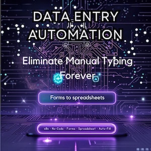 Può includere: Grafica digitale con le parole "DATA ENTRY AUTOMATION" in testo bianco. Sotto, il testo "Elimina la digitazione manuale per sempre" è visualizzato. L'immagine include anche il testo "Forms to spreadsheets" e "n8n No-Code Forms Spreadsheet Auto-Fill".