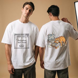 Motivation Not Found error dialog T-Shirt | Sleeping Cat Desk Illustration