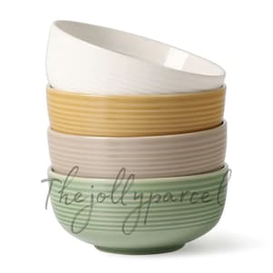 Modern Ribbed Ceramic Bowl Set – Colorful Stoneware Soup & Cereal Bowls, Minimalist Kitchenware, Stackable Serving Bowls (Set of 4)
