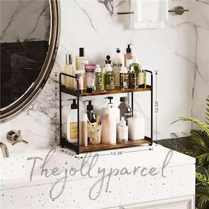Modern Wooden Desk Shelf Organizer- 2-Tier Display Rack for Office, Bedroom, or Living Room – Rustic Storage with Metal Frame Rack Organizer