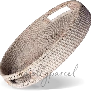 Handwoven Rattan Tray Natural Round Basket Tray with Handles  Boho Rattan Serving Tray