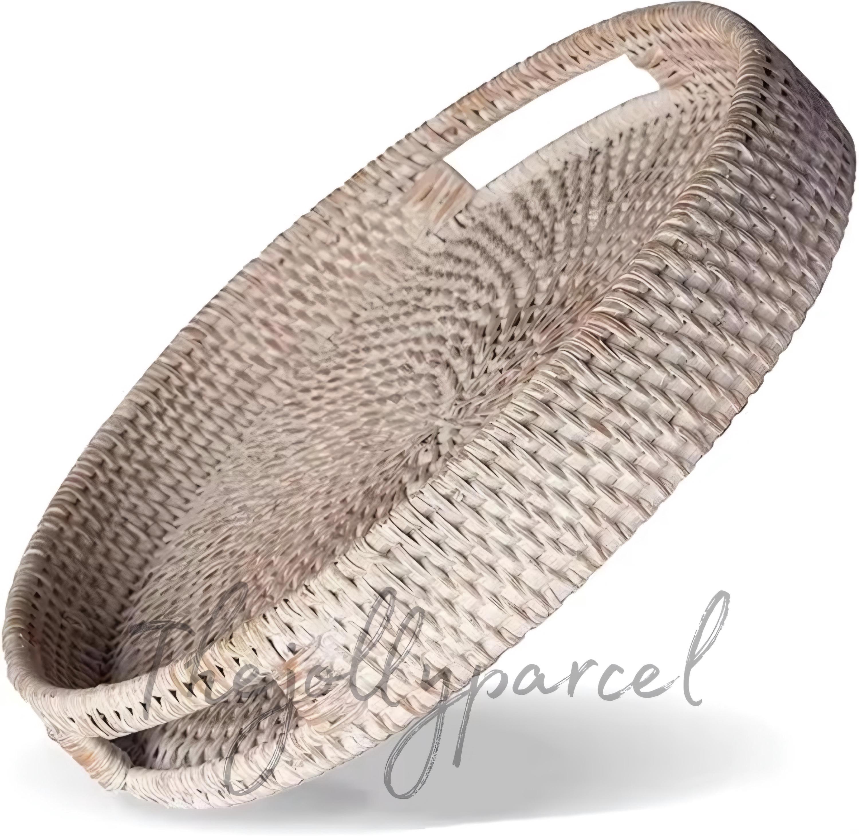 Handwoven Rattan Tray Natural Round Basket Tray with Handles  Boho Rattan Serving Tray