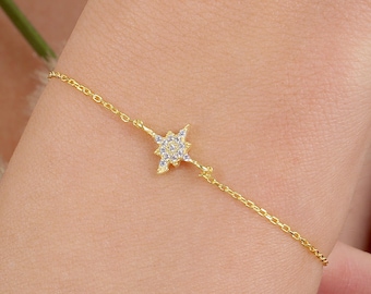 14K Solid Gold North Star Bracelet • Dainty CZ Jewelry • Gift for Women • Minimalist Gold Bracelet