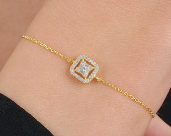 14K gouden geometrische armband • Modern vierkant ontwerp met zirkonia's • Cadeau voor haar