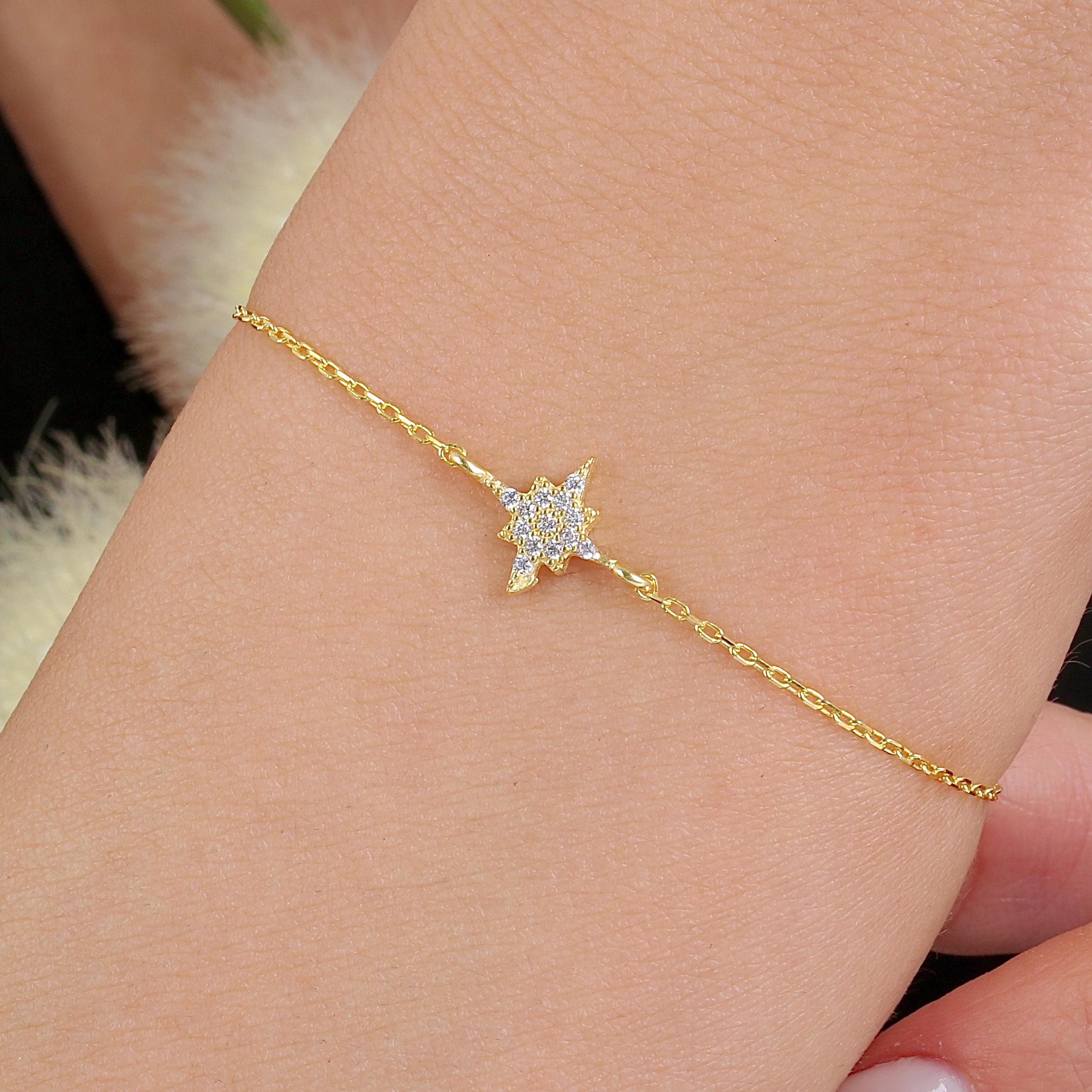 14K Solid Gold North Star Bracelet • Dainty CZ Jewelry • Gift for 
