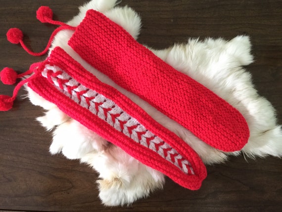RED & WHITE Vintage Handmade Knitted Sock Slipper… - image 6