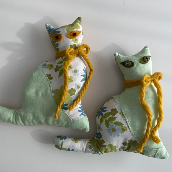 KITTY CAT Handmade Vintage Plushie - Upcycled Vintage Sheet Fabric and Notions - Mint & Avocado - #1741