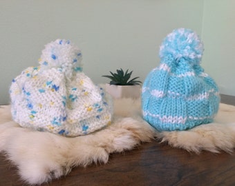 BABY BEANIES - Handknitted Newborn Baby Hats - (2) - With Pom Pom Tassels - Baby’s First Winter Hat - #1287