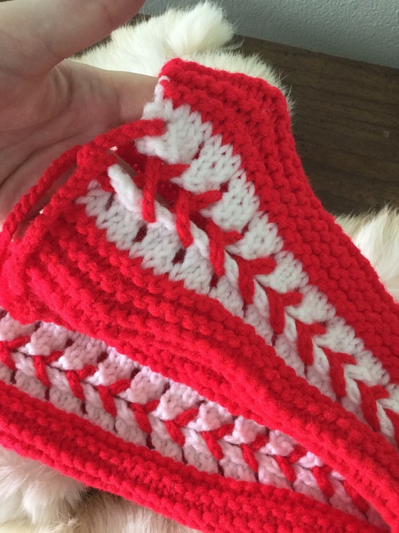 RED & WHITE Vintage Handmade Knitted Sock Slipper… - image 2