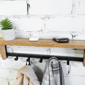Entryway wall mounted coat rack with hooks Industrial metal decor Hallway floating shelf Black wooden towel rail Farmhouse coat stand gifts