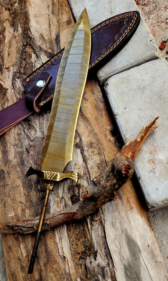 18" Custom Hand Forged Rust Free Titanium Gold Coated Damascus Brass Guard Dagger Blank Blade Knife Making