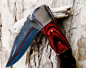 Handmade Copper Damascus Folding Knife, Red & Black Pocket Knife, Anniversary Gift