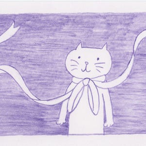 Illustrazione originale unica nel suo genere, viola, gatto che fa roteare un nastro, arte, cartolina, biglietto d'auguri, cartolina illustrata, disegnata a mano, originale, illustrazione di gatto, graziosa cartolina