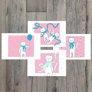 4枚のポストカードセット・背景ピンクのポップな猫さん・グリーティングカード・絵はがき・手描き・オリジナル・猫のイラスト・かわいいポストカード