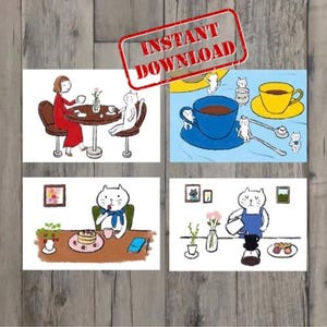 4er-Set Postkarten - Katzen entspannen in einem Café - Grußkarten - Ansichtskarten - Handgezeichnet - Original - Katzenillustrationen - Süße Postkarten - Digitaler Download
