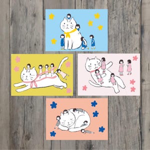 4枚のポストカードセット・猫とちいさな五つ子ちゃん・グリーティングカード・絵はがき・手描き・オリジナル・猫のイラスト・かわいいポストカード