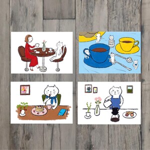 4枚のポストカードセット・カフェでまったり過ごす猫さん・グリーティングカード・絵はがき・手描き・オリジナル・猫のイラスト・かわいいポストカード