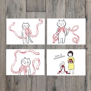 4枚のポストカードセット・リボンくるくるチャーミングな猫さん・グリーティングカード・絵はがき・手描き・オリジナル・猫のイラスト・かわいいポストカード