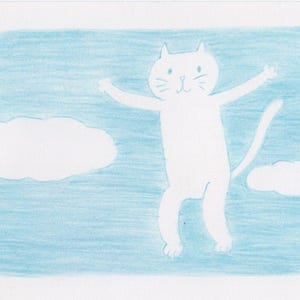 世界で１点だけのオリジナルイラスト・空を飛ぶ猫さん・空色・水色・ブルー・アート・ポストカード・グリーティングカード・絵はがき・手描き・オリジナル・猫のイラスト・かわいいポストカード