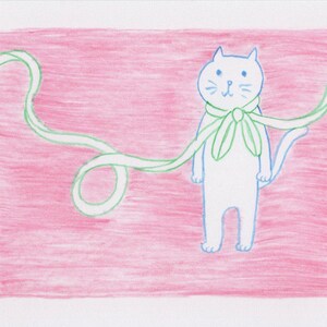 世界で１点だけのオリジナルイラスト・リボンくるくる猫さん・ピンク・アート・ポストカード・グリーティングカード・絵はがき・手描き・オリジナル・猫のイラスト・かわいいポストカード
