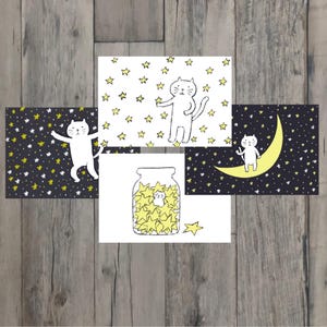 Conjunto de 4 postales, Gato Estrellado, Tarjeta de Felicitación, Postal con Imagen, Dibujada a Mano, Original, Ilustración de Gato, Postal Bonita