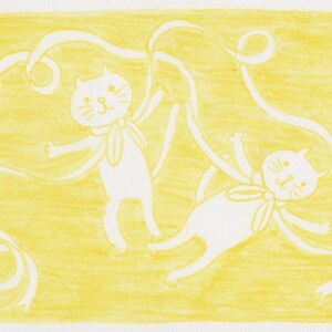 世界で１点だけのオリジナルイラスト・リボンはためく猫さん・アート・ポストカード・グリーティングカード・絵はがき・手描き・オリジナル・猫のイラスト・かわいいポストカード
