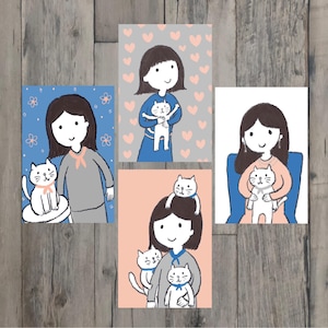 4枚のポストカードセット・女の子と猫・グリーティングカード・絵はがき・手描き・オリジナル・猫のイラスト・かわいいポストカード