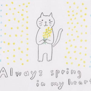 Illustrazione originale unica nel suo genere - Un gatto che tiene in mano una mimosa - Arte - Cartolina - Biglietto di auguri - Cartolina illustrata - Disegnata a mano - Originale - Illustrazione di gatto - Cartolina carina