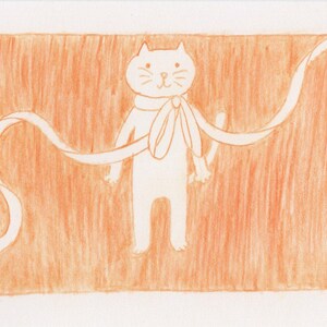 世界で１点だけのオリジナルイラスト・リボンくるくるこちらを見てる猫さん・アート・ポストカード・グリーティングカード・絵はがき・手描き・オリジナル・猫のイラスト・かわいいポストカード